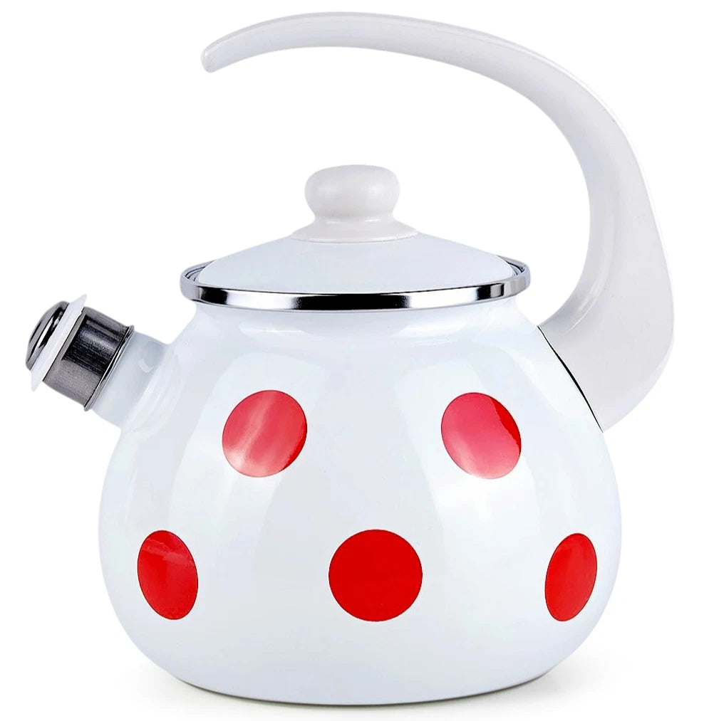 2.6-qt STPGOODS Red Polka Dot Enamel Teapot Stovetop Kettle with Whistle Vintage