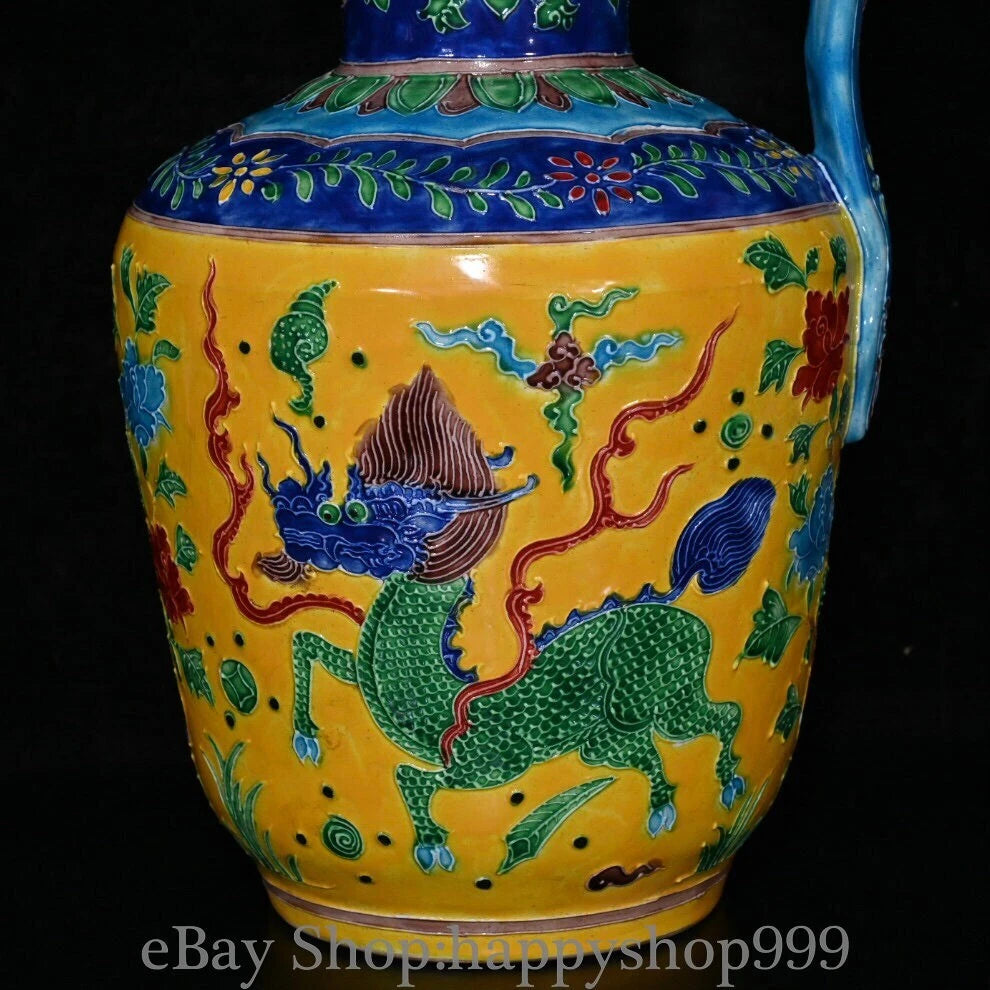 13.2" China Yongle Marked Enamel Porcelain Qilin Kylin Beast Wine Tea Pot Flagon | eBay