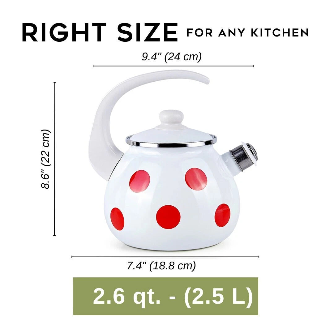 2.6-qt STPGOODS Red Polka Dot Enamel Teapot Stovetop Kettle with Whistle Vintage