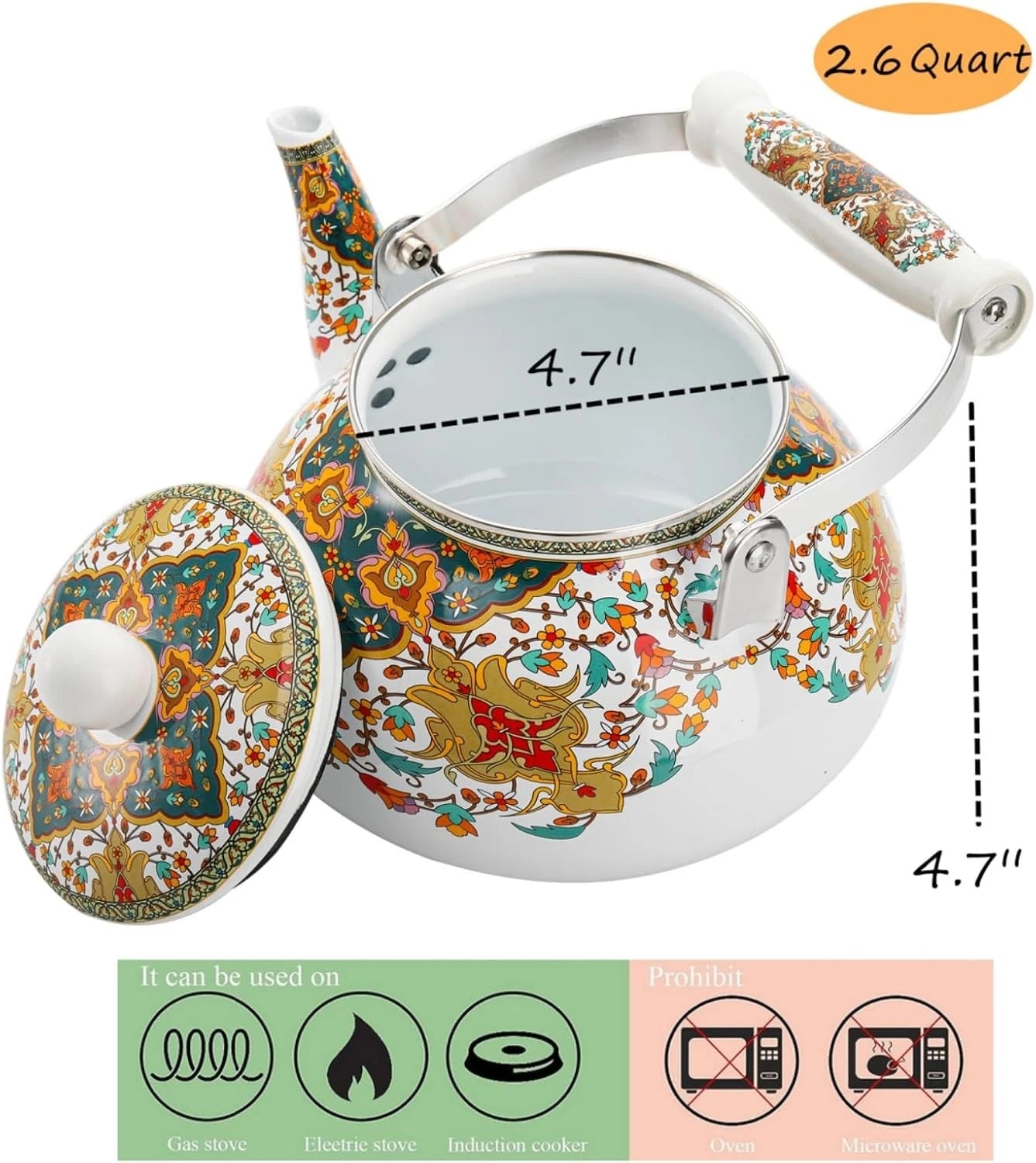 2.6 Quart Enamel Tea Kettle Stovetop Vintage Anti Rust Teapot Enameled Teakettle