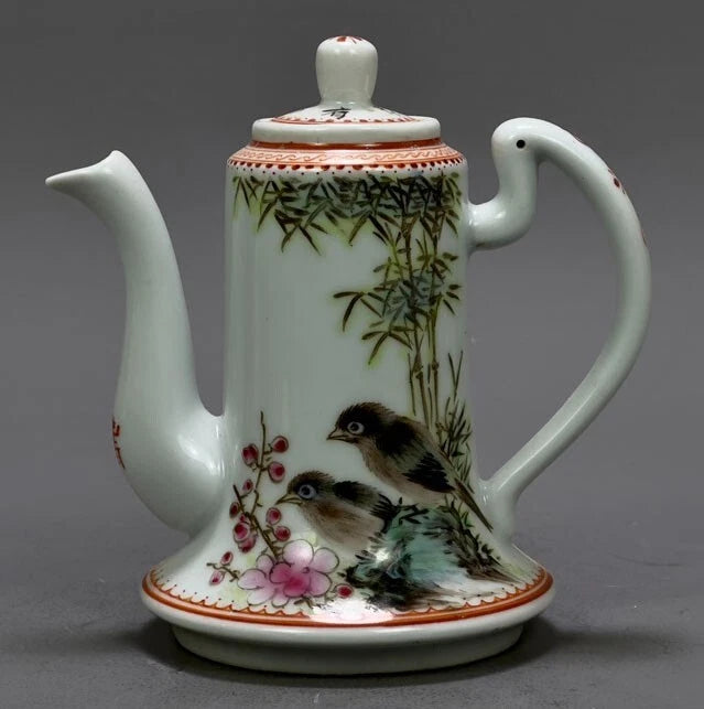5.6" China Powder enamel porcelain flowers bird Teapot tea set tea maker statue