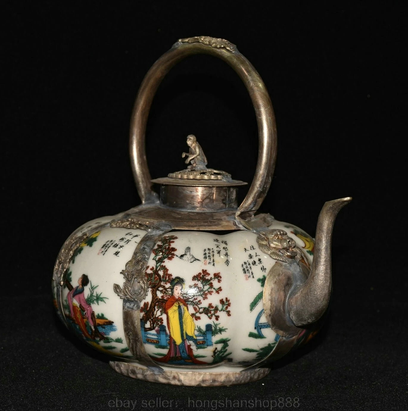6.8" Old Chinese Silver Enamel Porcelain Beauty Belle Portable Kettle Teapot | eBay