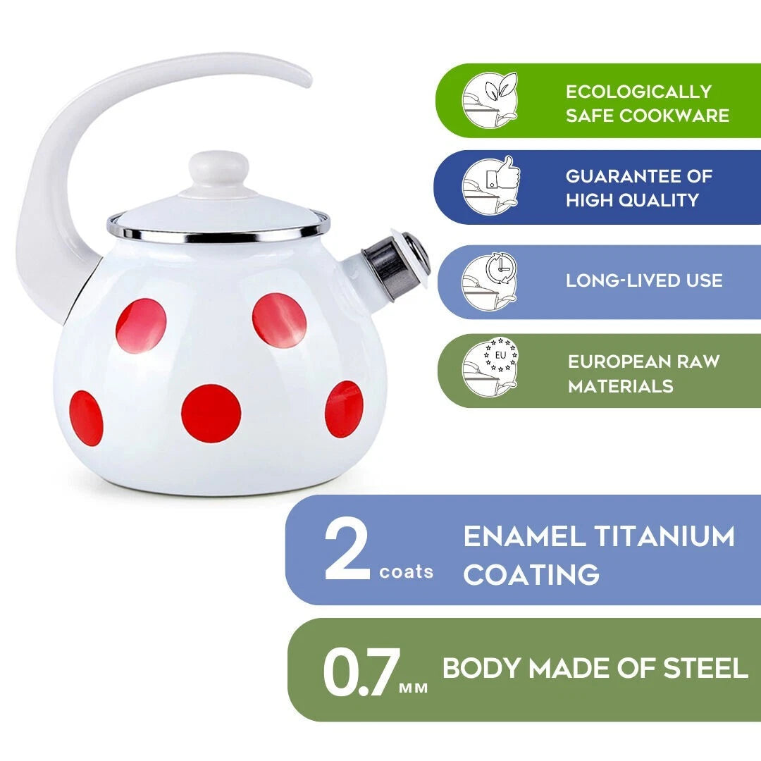 2.6-qt STPGOODS Red Polka Dot Enamel Teapot Stovetop Kettle with Whistle Vintage