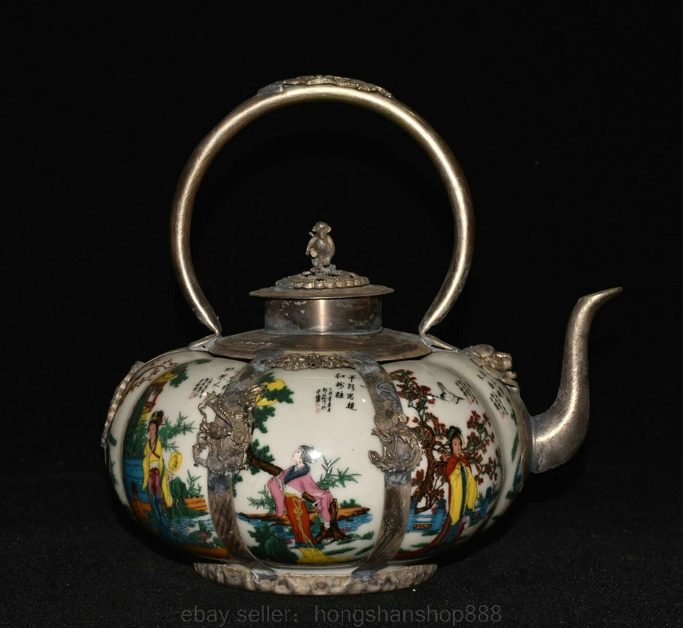 6.8" Old Chinese Silver Enamel Porcelain Beauty Belle Portable Kettle Teapot | eBay