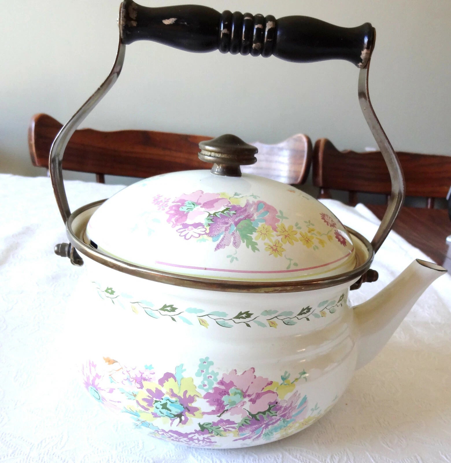 1981 Enamel M. Kamenstein Teapot -- Beautiful Floral Design