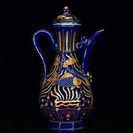 12.4" Cloisonne enamel porcelain Sea grass fish statue Flagon Tea makers Tea Pot