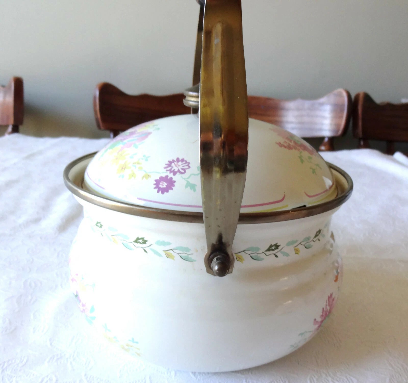 1981 Enamel M. Kamenstein Teapot -- Beautiful Floral Design