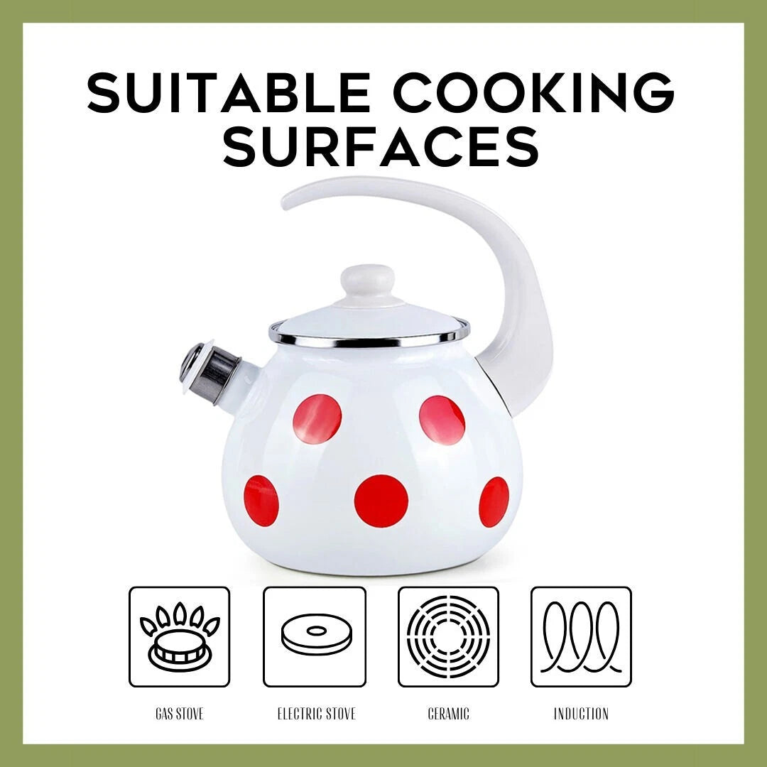 2.6-qt STPGOODS Red Polka Dot Enamel Teapot Stovetop Kettle with Whistle Vintage
