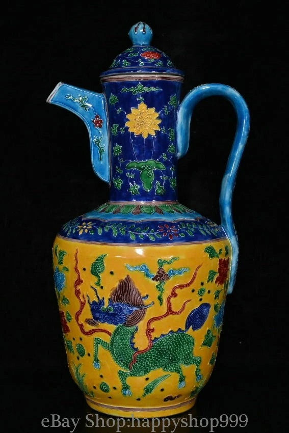 13.2" China Yongle Marked Enamel Porcelain Qilin Kylin Beast Wine Tea Pot Flagon | eBay