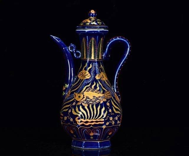 12.4" Cloisonne enamel porcelain Sea grass fish statue Flagon Tea makers Tea Pot