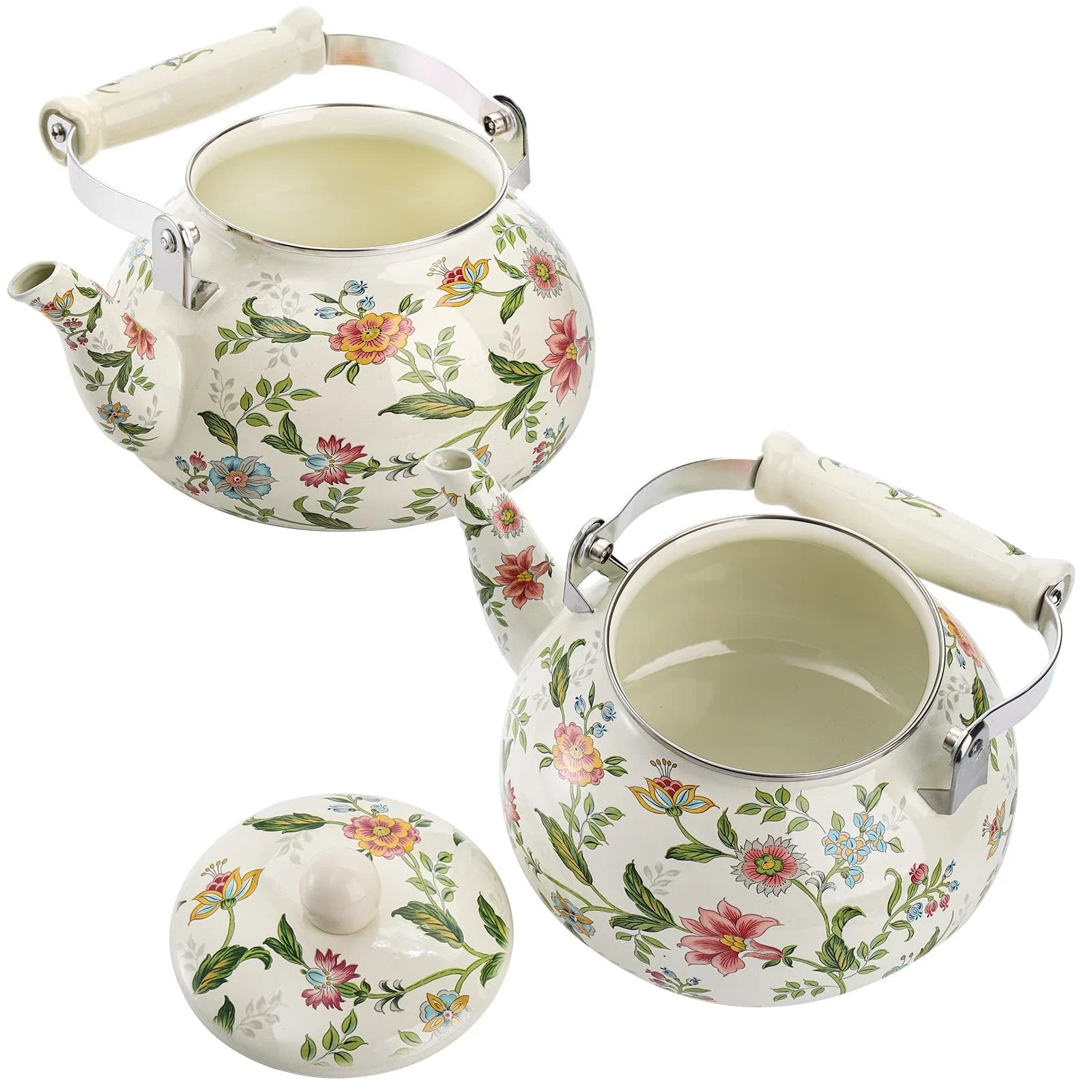 2.6 Quart Vintage Enamel Tea Kettle, Green Floral Enamel on Steel Teapot with...