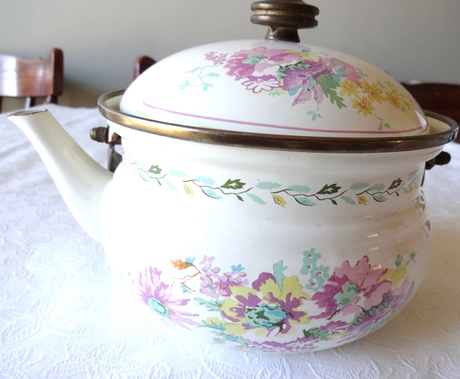 1981 Enamel M. Kamenstein Teapot -- Beautiful Floral Design