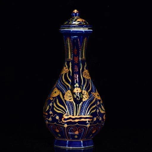 12.4" Cloisonne enamel porcelain Sea grass fish statue Flagon Tea makers Tea Pot