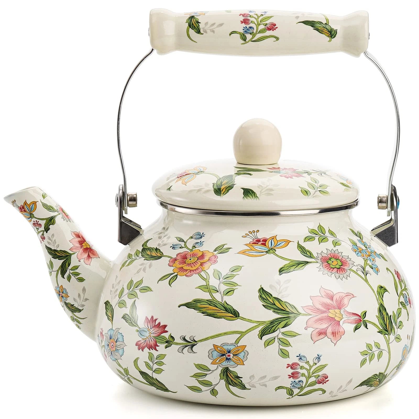 2.6 Quart Vintage Enamel Tea Kettle, Green Floral Enamel on Steel Teapot with...