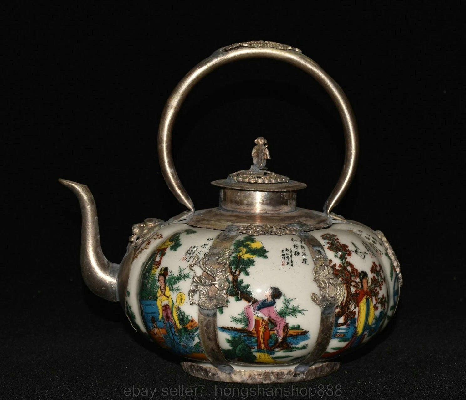 6.8" Old Chinese Silver Enamel Porcelain Beauty Belle Portable Kettle Teapot | eBay
