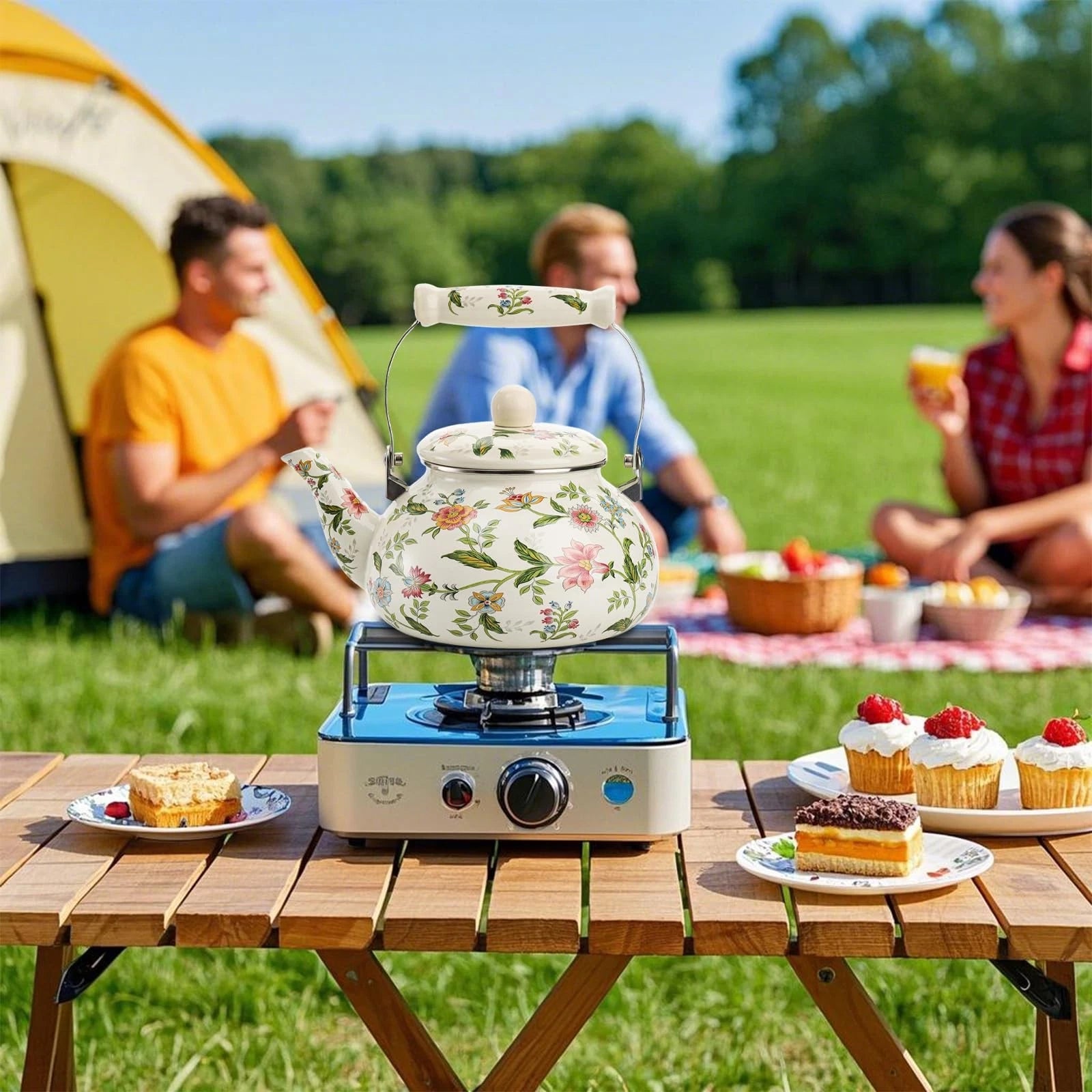 2.6 Quart Vintage Enamel Tea Kettle, Green Floral Enamel on Steel Teapot with...