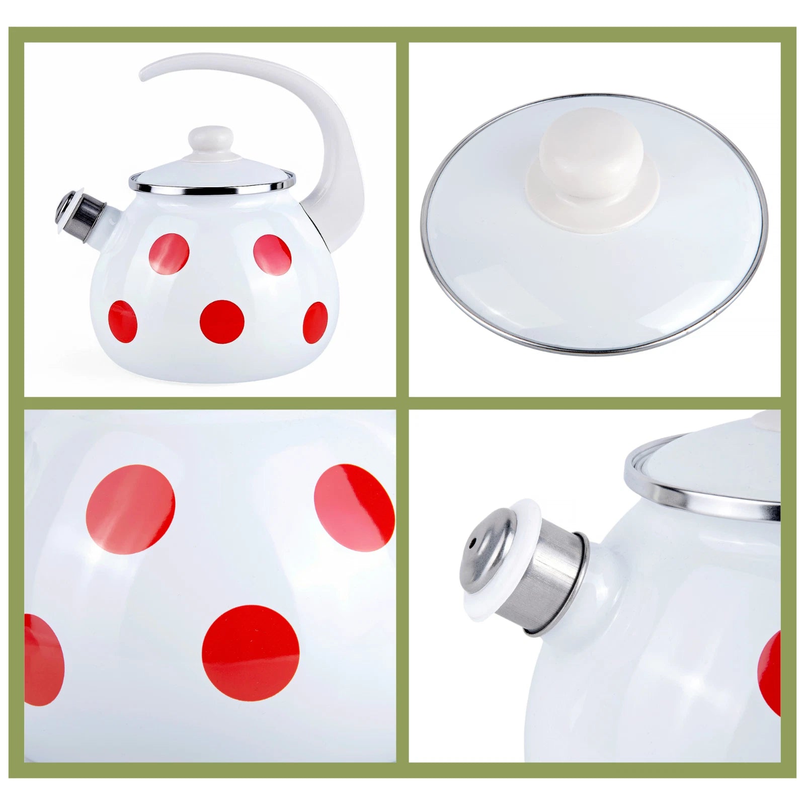 2.6-qt STPGOODS Red Polka Dot Enamel Teapot Stovetop Kettle with Whistle Vintage