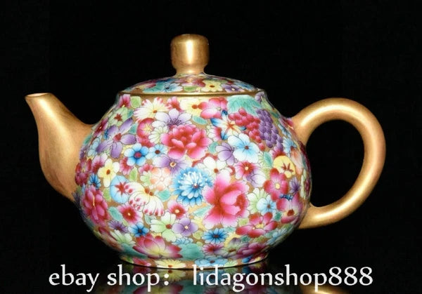5.2" Qianlong Marked Enamel Porcelain Gilt Flower Pattern Wine Tea Pot