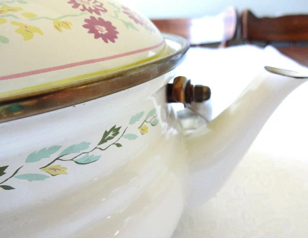 1981 Enamel M. Kamenstein Teapot -- Beautiful Floral Design