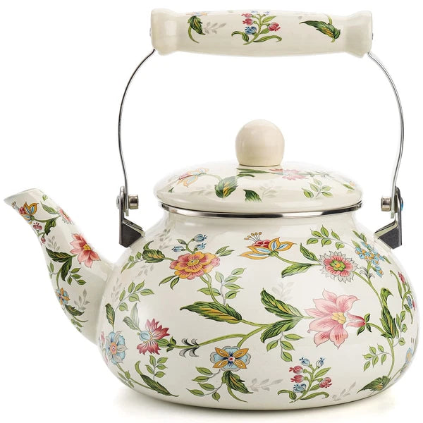 2.6 Quart Vintage Enamel Tea Kettle, Green Floral Enamel on Steel Teapot with...