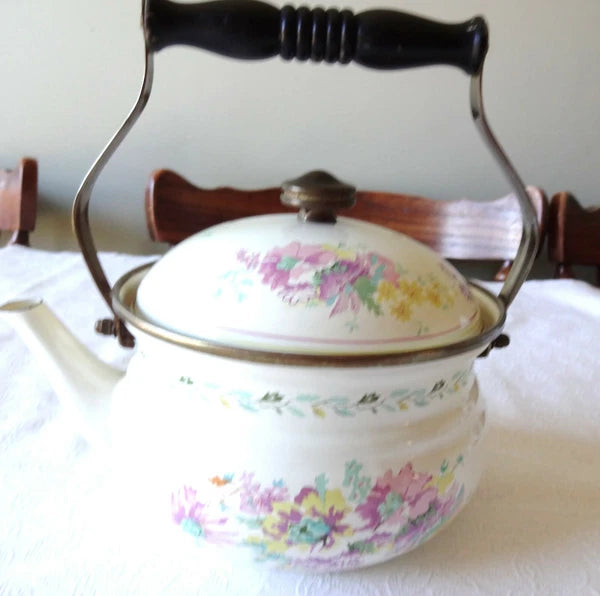 1981 Enamel M. Kamenstein Teapot -- Beautiful Floral Design
