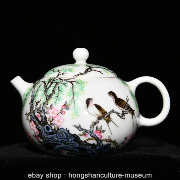 2.8" Old Chinese Yongzheng Marked Enamel Porcelain Willow Swallow Teapot
