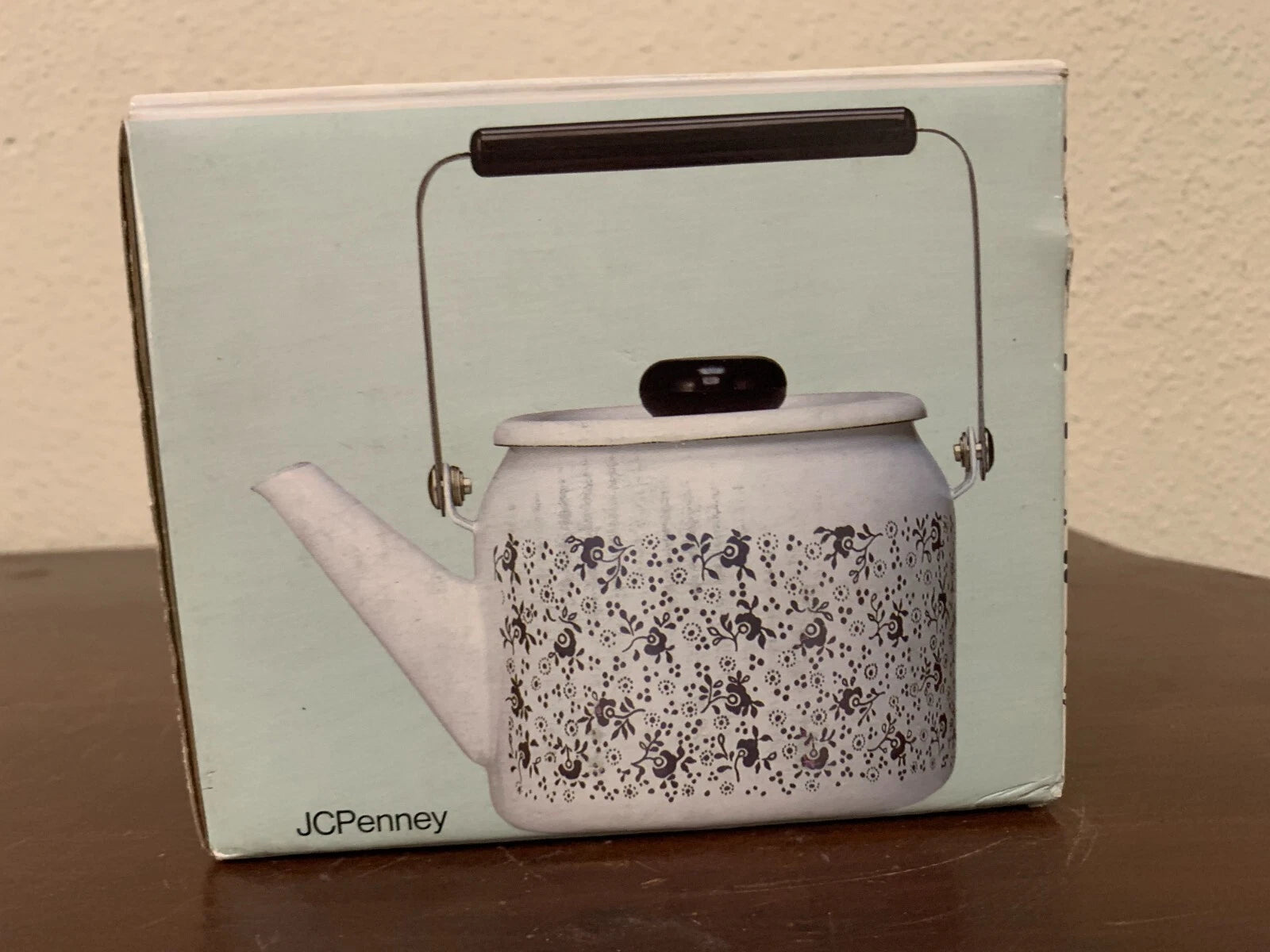 Vintage Porcelain Enamel On Steel Teakettle 1qt Floral White Blue JC Penny Japan | eBay
