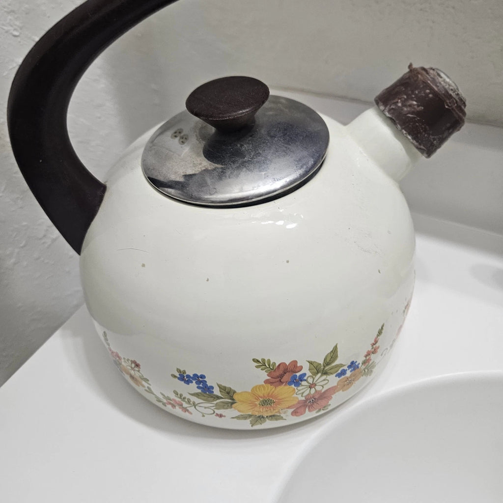Vintage JPM Enamel Tea Pot Kettle LARGE Sweet Flowers Made In Spain RARE