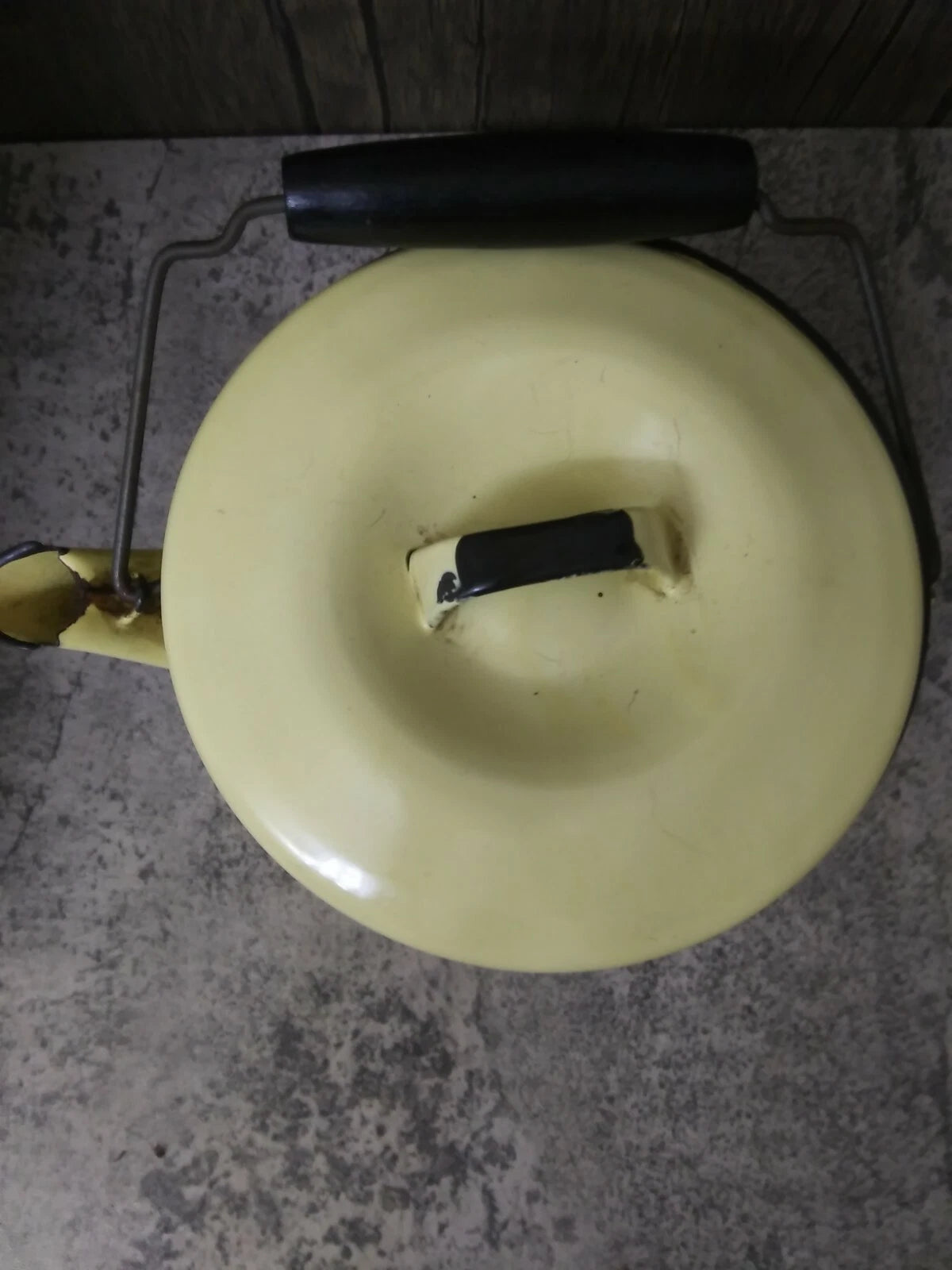 Vintage Yellow Enamel Teapot Metal bail, Wood Handle Farmhouse Decor, Planter