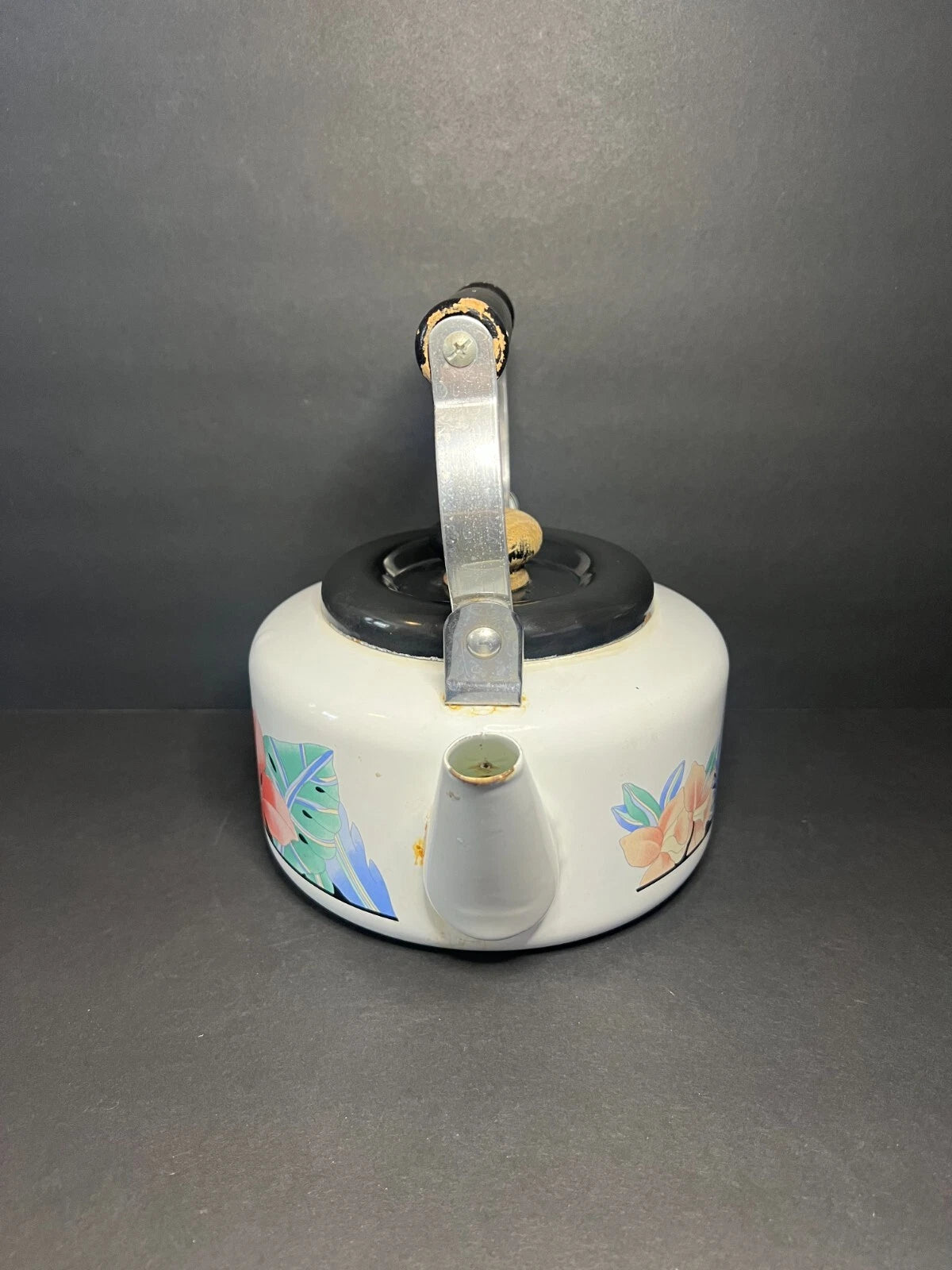 Vintage 1980s NOS Enamel White Floral Print Teapot Kettle with Wooden Handle | eBay