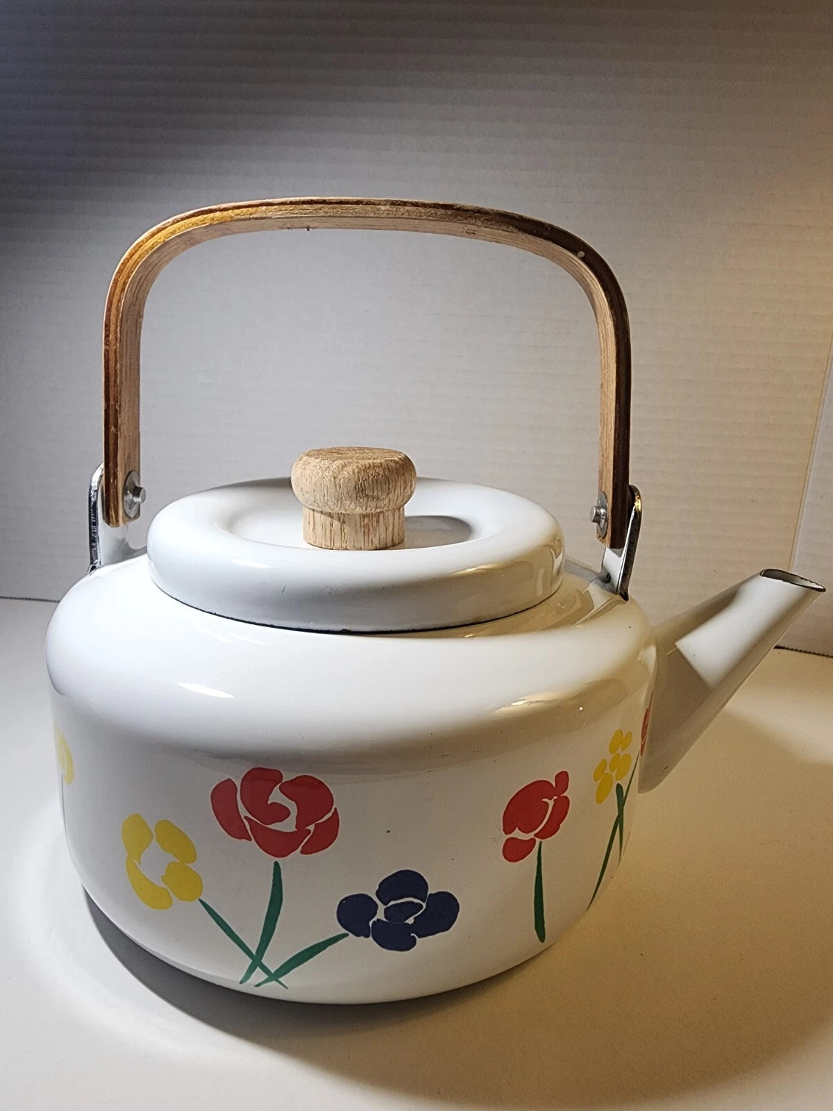 Vintage Saltera Himark Enamel RARE Teapot MCM Red Yellow Floral With Wood Handle