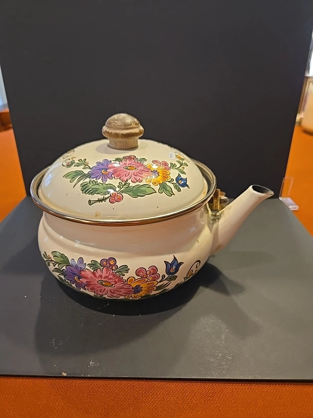 ASTA GERMAN ENAMELED TEAPOT WITH LID FLORAL DESIGN