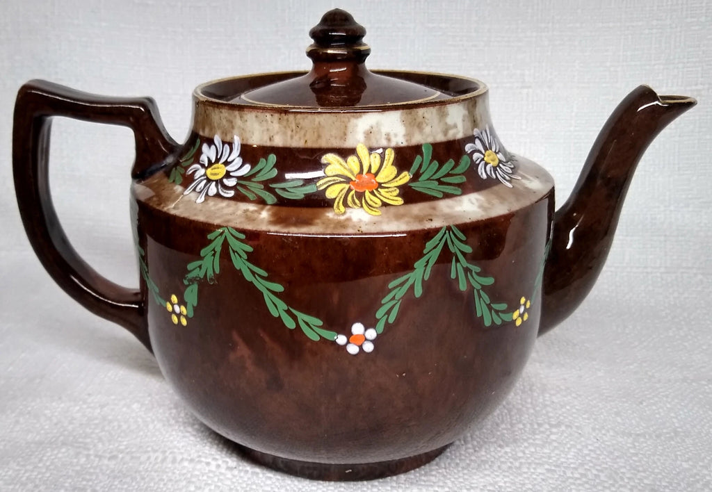 Vintage England Tea Pot BROWN GOLD TEAPOT Enameled Flowers 5" | eBay