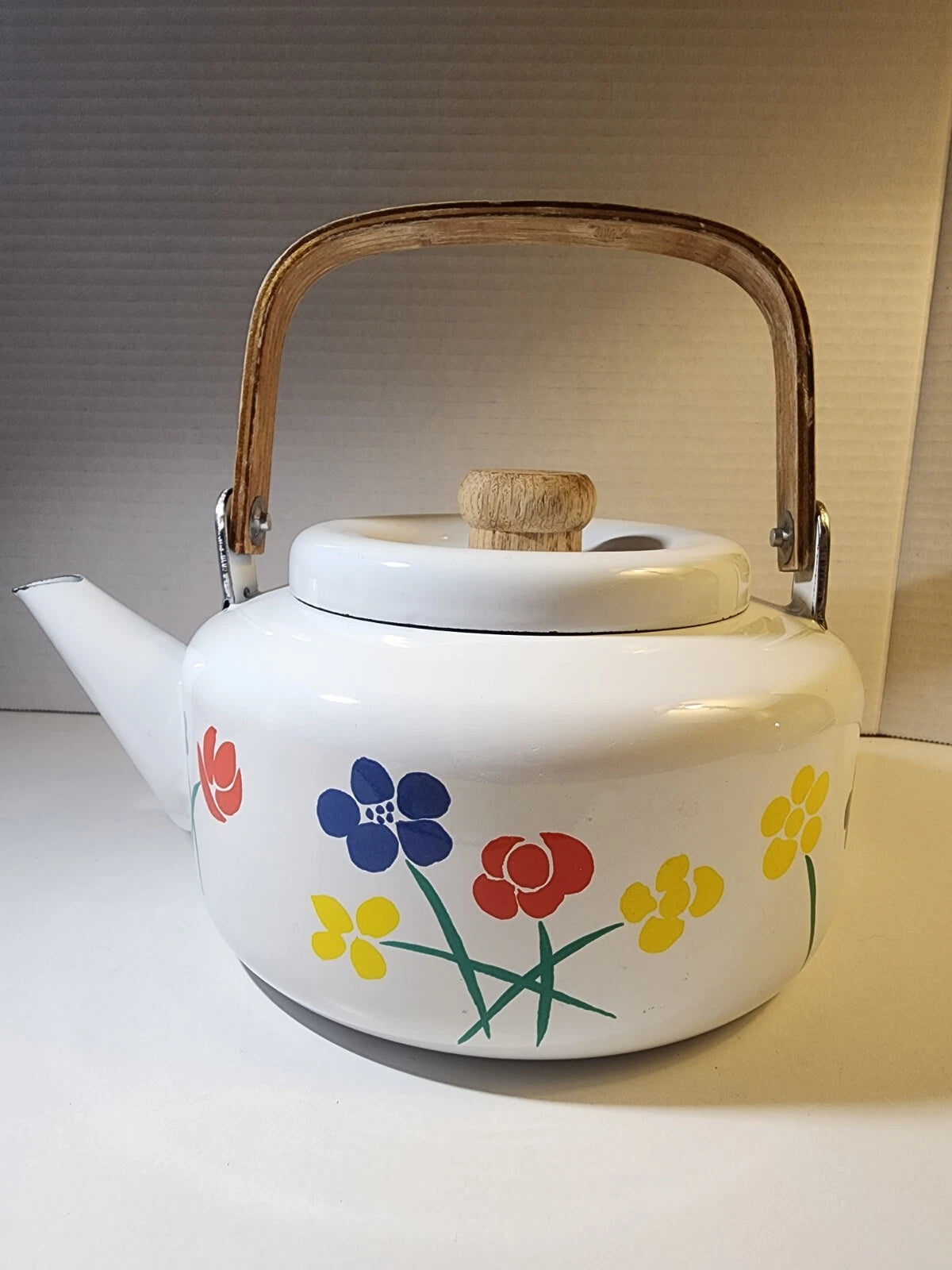 Vintage Saltera Himark Enamel RARE Teapot MCM Red Yellow Floral With Wood Handle
