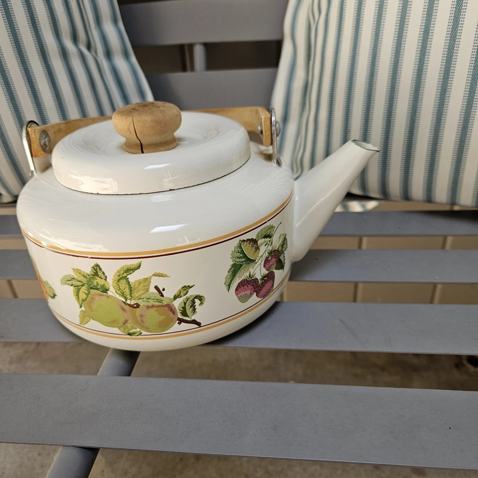 Vintage MCM Enamel Tea Kettle Teapot Bamboo Handle Fruit Print Cream Color NICE! | eBay