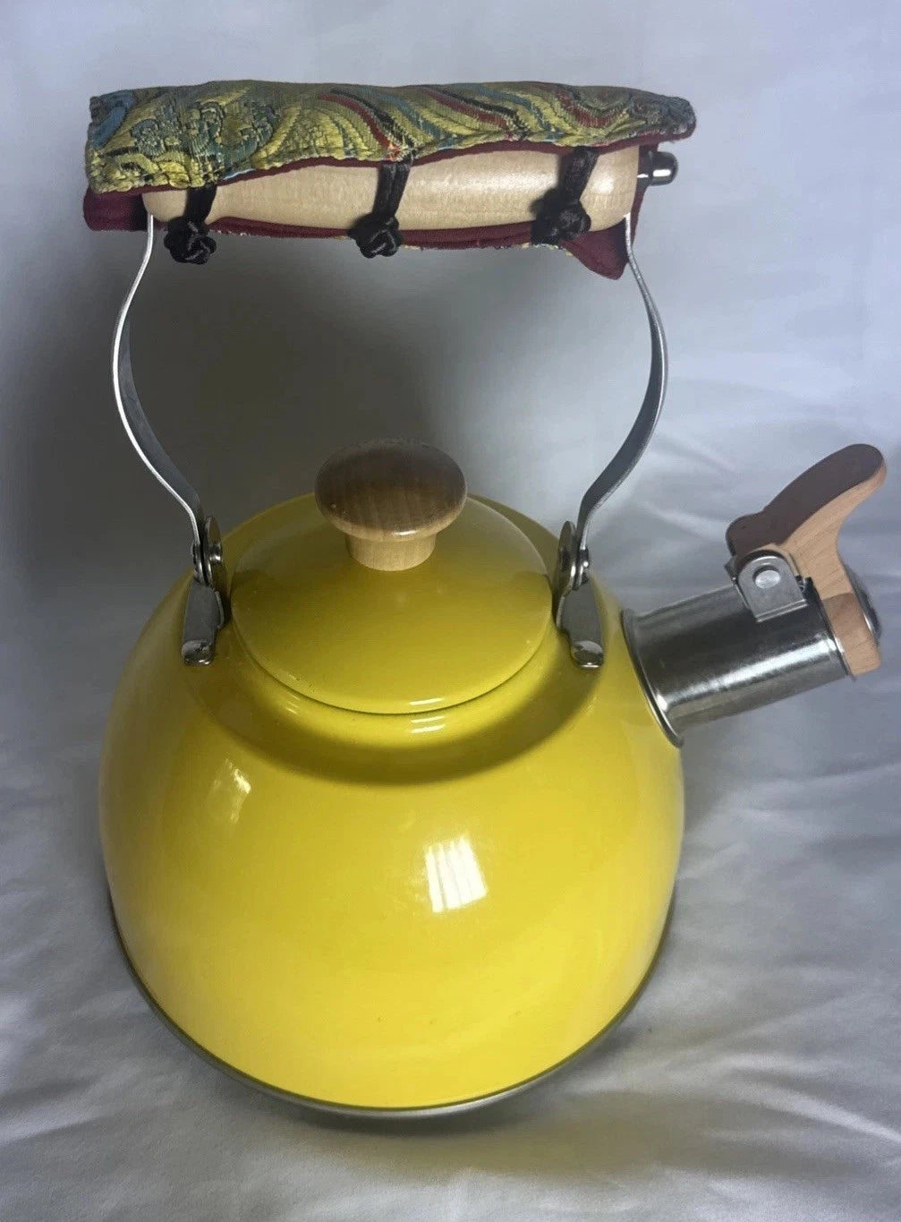 VTG Yellow Enamel w/ Wood & Chrome Detail Tea Kettle with handmade handle cozy