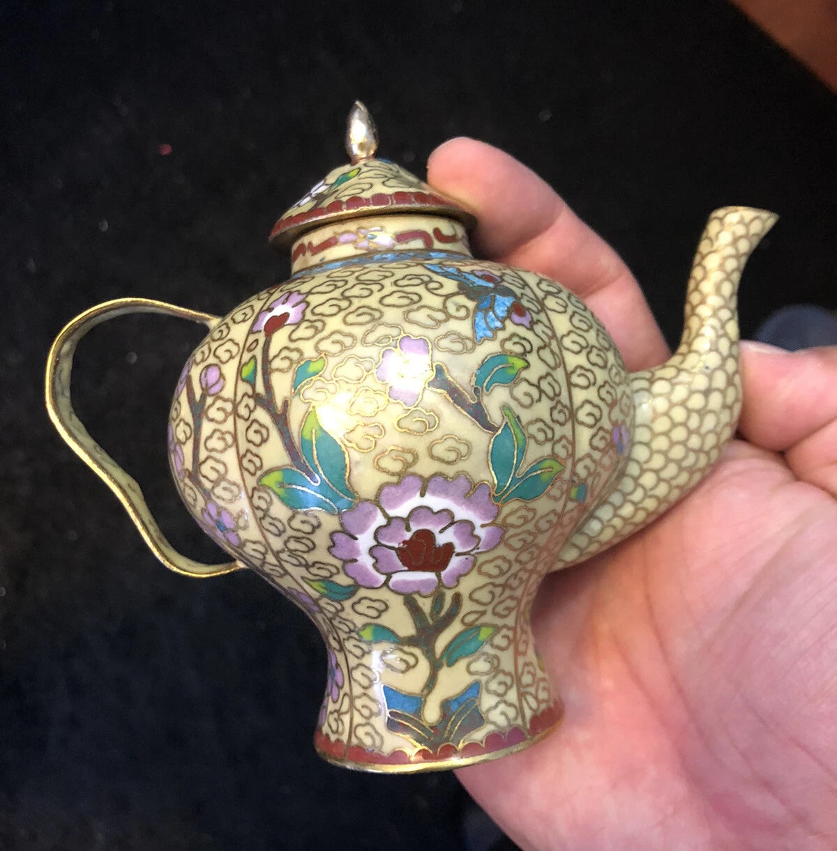 Vintage Cloisonne Enamel and Bronze Beige Floral Teapot