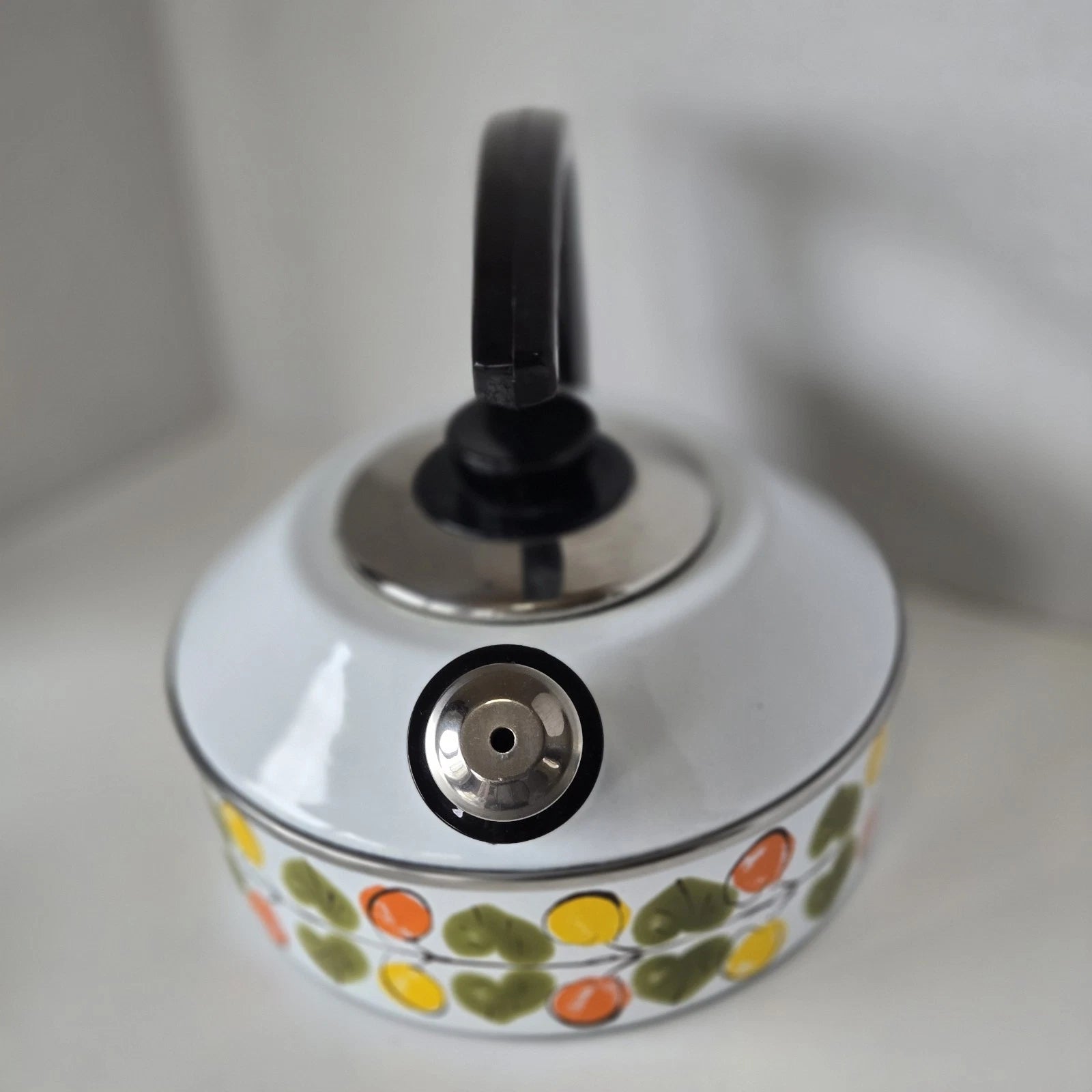 Vintage Enamel Tea Pot Kettle Whistles Lemon Orange Leaves Austria Email MCM | eBay