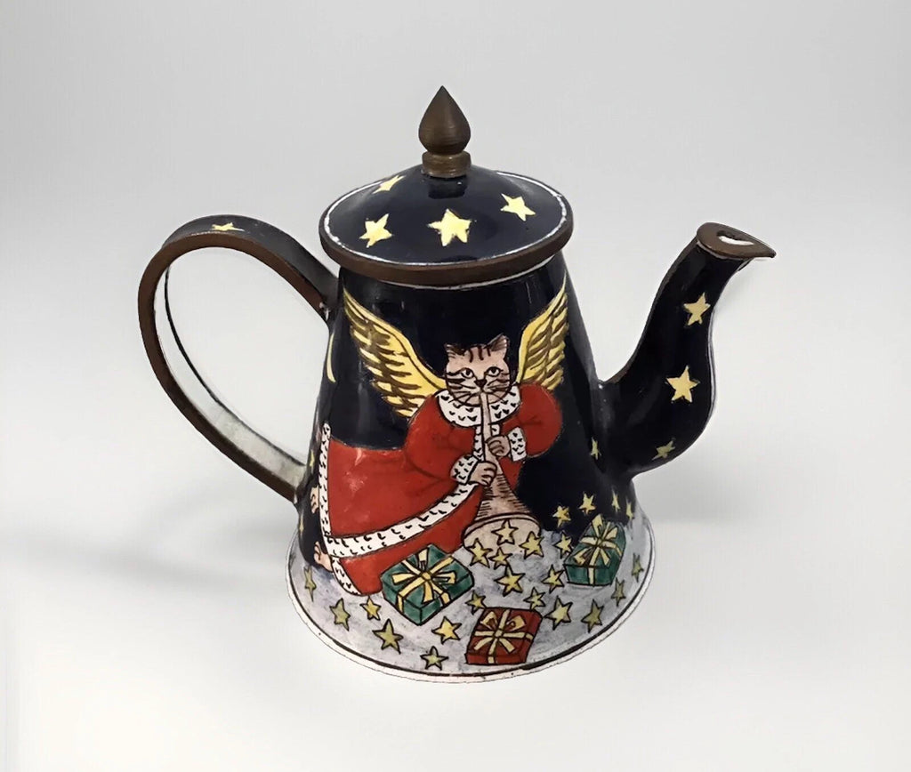 Vtg Hand Painted Enamel on Copper Miniature Teapot Cat Angel Flying Among Stars | eBay