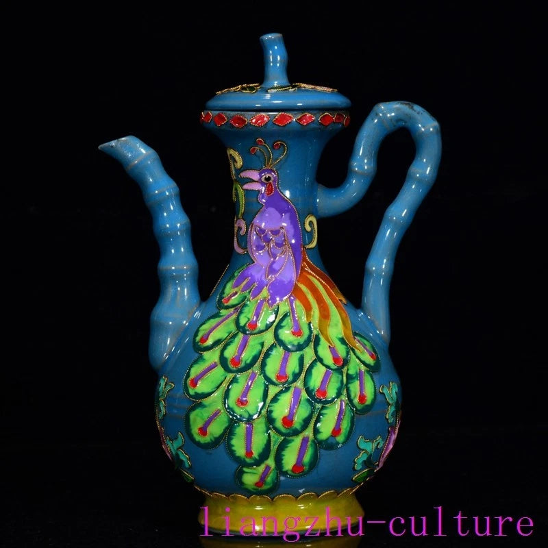8.8"China song Dynasty ru kiln porcelain Enamel Peacock bird flagon Teapot pot