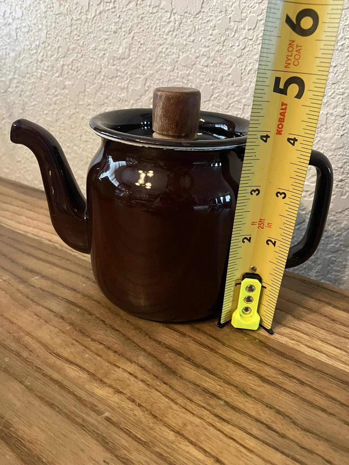 Brown Enamelware Tea Pot Flaw See Last Pic For Small Crack In Wood Knob