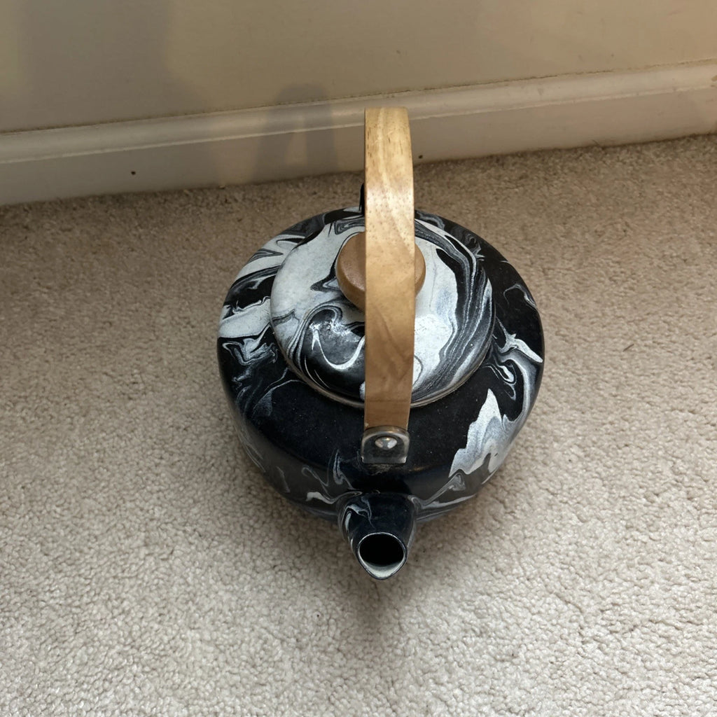 Black and White Marbled Enamel Teapot/Kettle with Wood Handle and Matching Knob | eBay