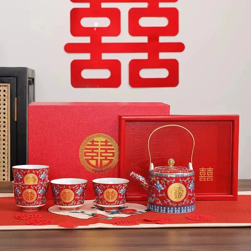 Traditional Chinese Enamel Colored Tea Cup Set Tea Pot Set Wedding Tea Cup