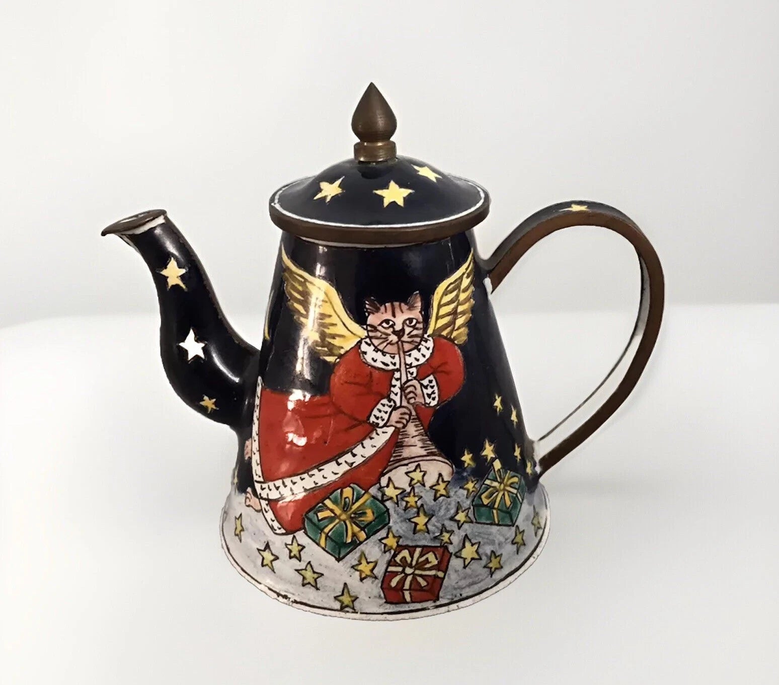 Vtg Hand Painted Enamel on Copper Miniature Teapot Cat Angel Flying Among Stars | eBay