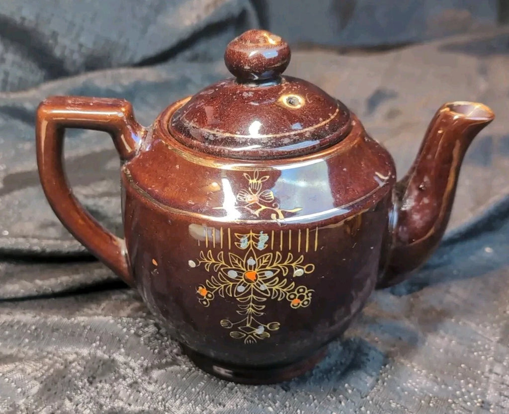 Vtg Brown Betty Redware Teapot Moriage Enamel Hand Painted Floral Made In Japan