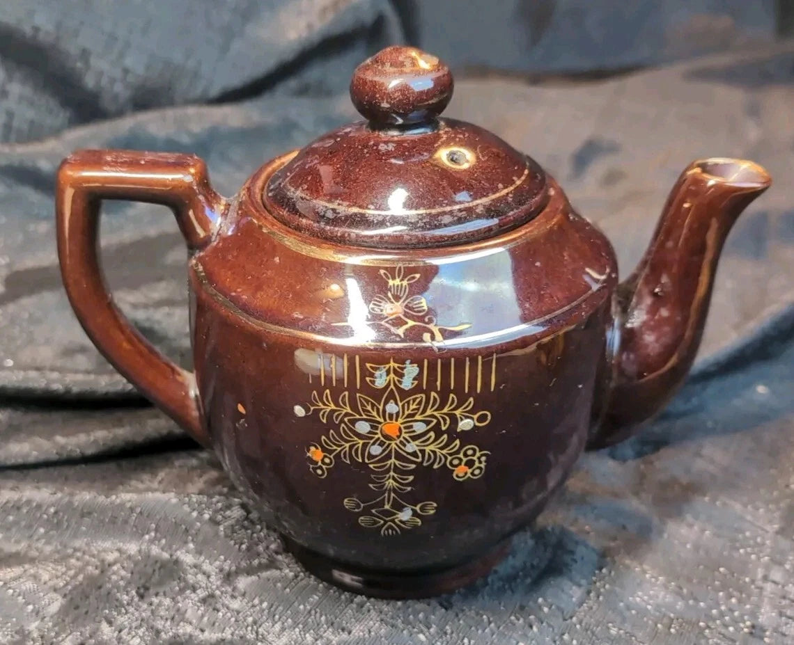 Vtg Brown Betty Redware Teapot Moriage Enamel Hand Painted Floral Made In Japan