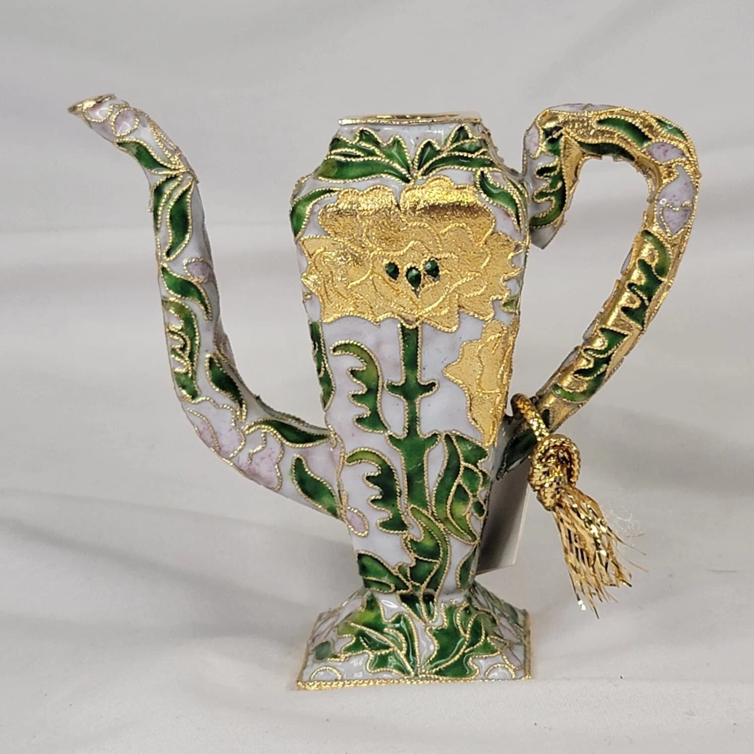 Vintage NYCO Enameled Miniature Teapot No Lid Gold Green Ceramic 4"H