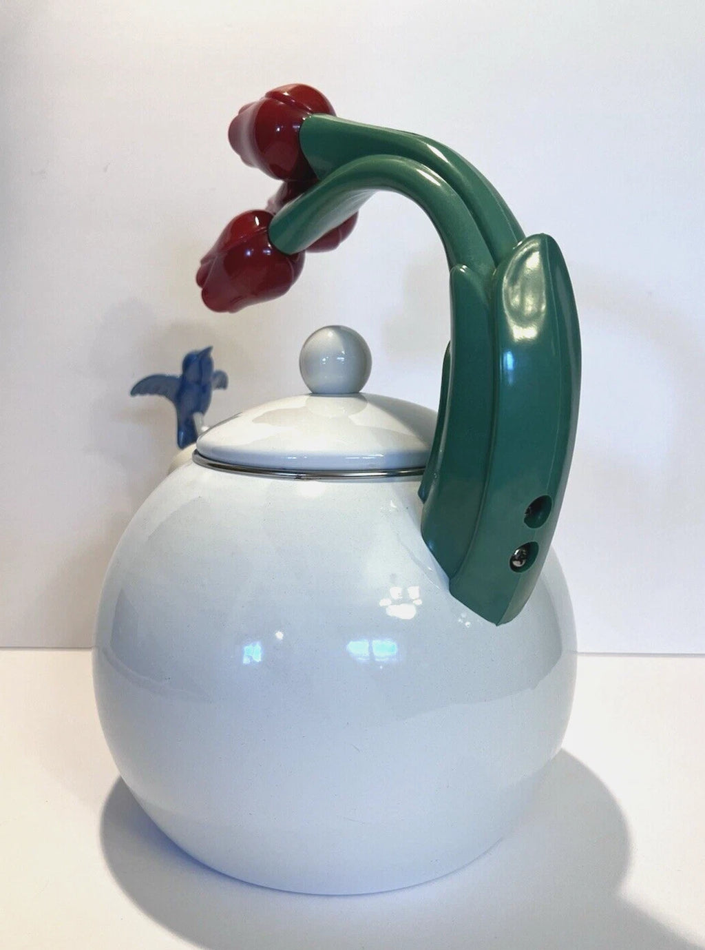 Ancona Hummingbird Tea Kettle Pot White Enamel Red Tulips Whistling Vintage 90s | eBay