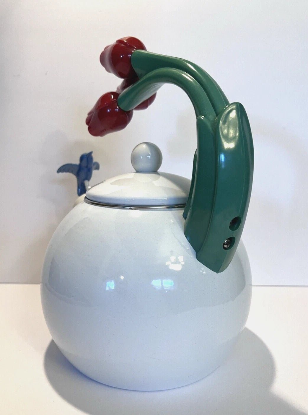 Ancona Hummingbird Tea Kettle Pot White Enamel Red Tulips Whistling Vintage 90s | eBay