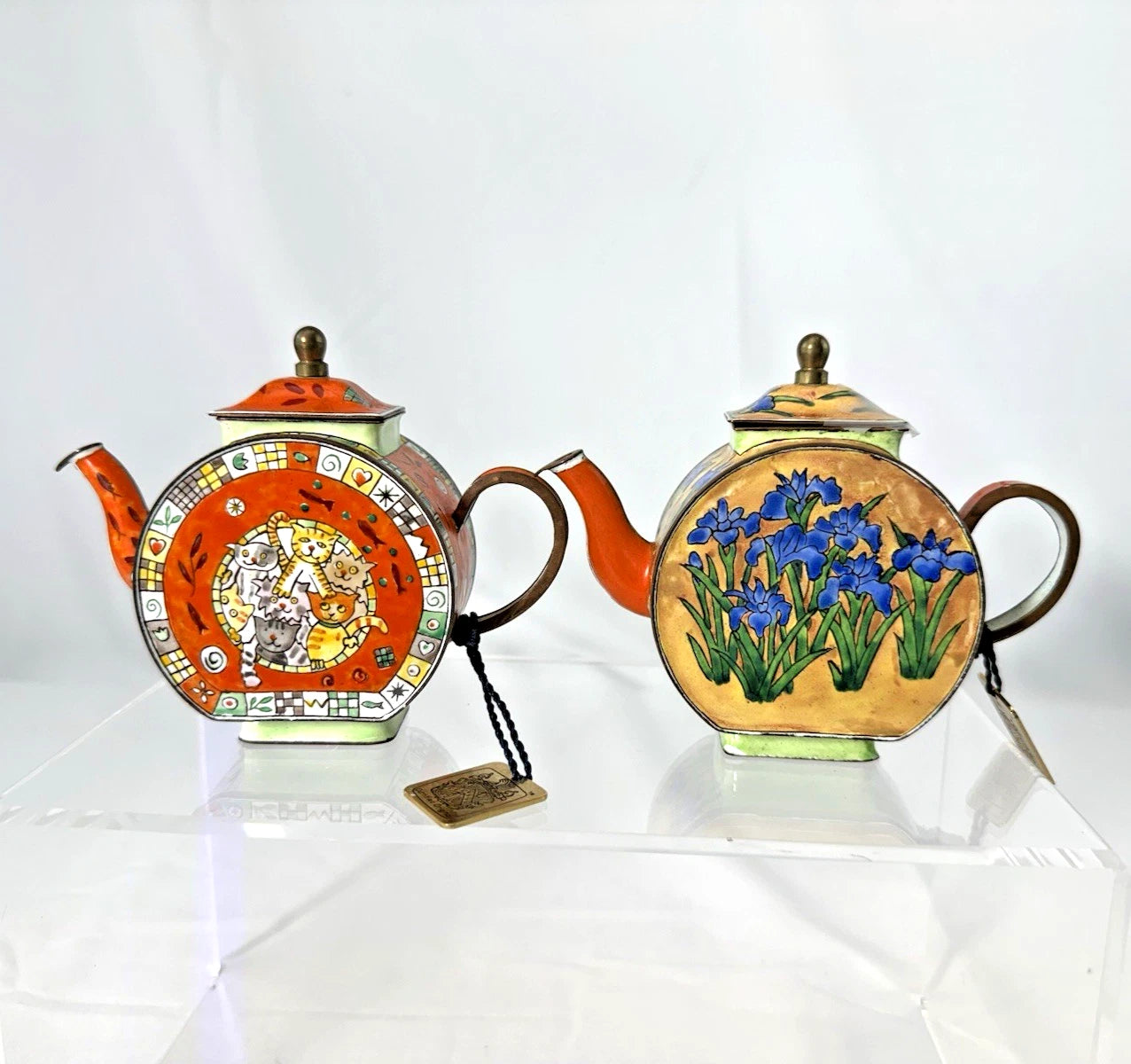 Vintage Mini Teapot Trade Plus Aid Cats & Flower Certified Enamel Hand PaintedW3